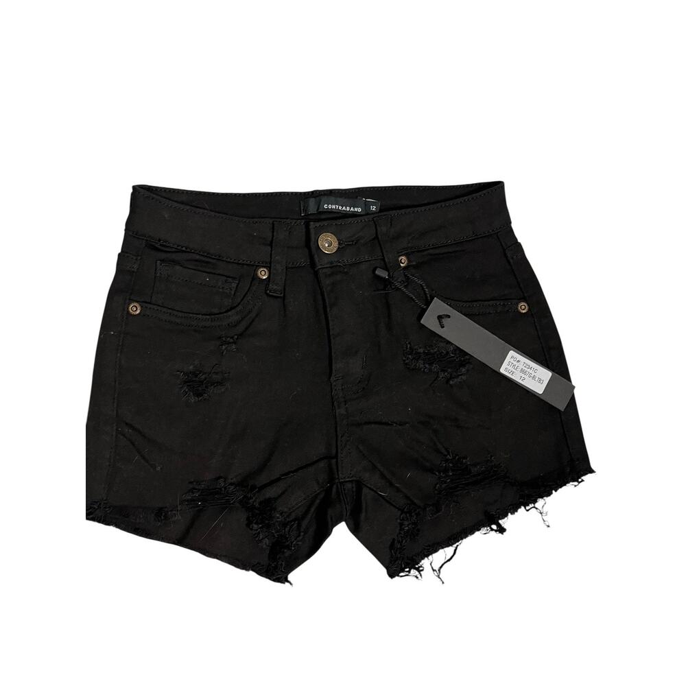 Contraband Denim Shorts girls kids 12 Black Distressed Cut Off Frayed Stretch